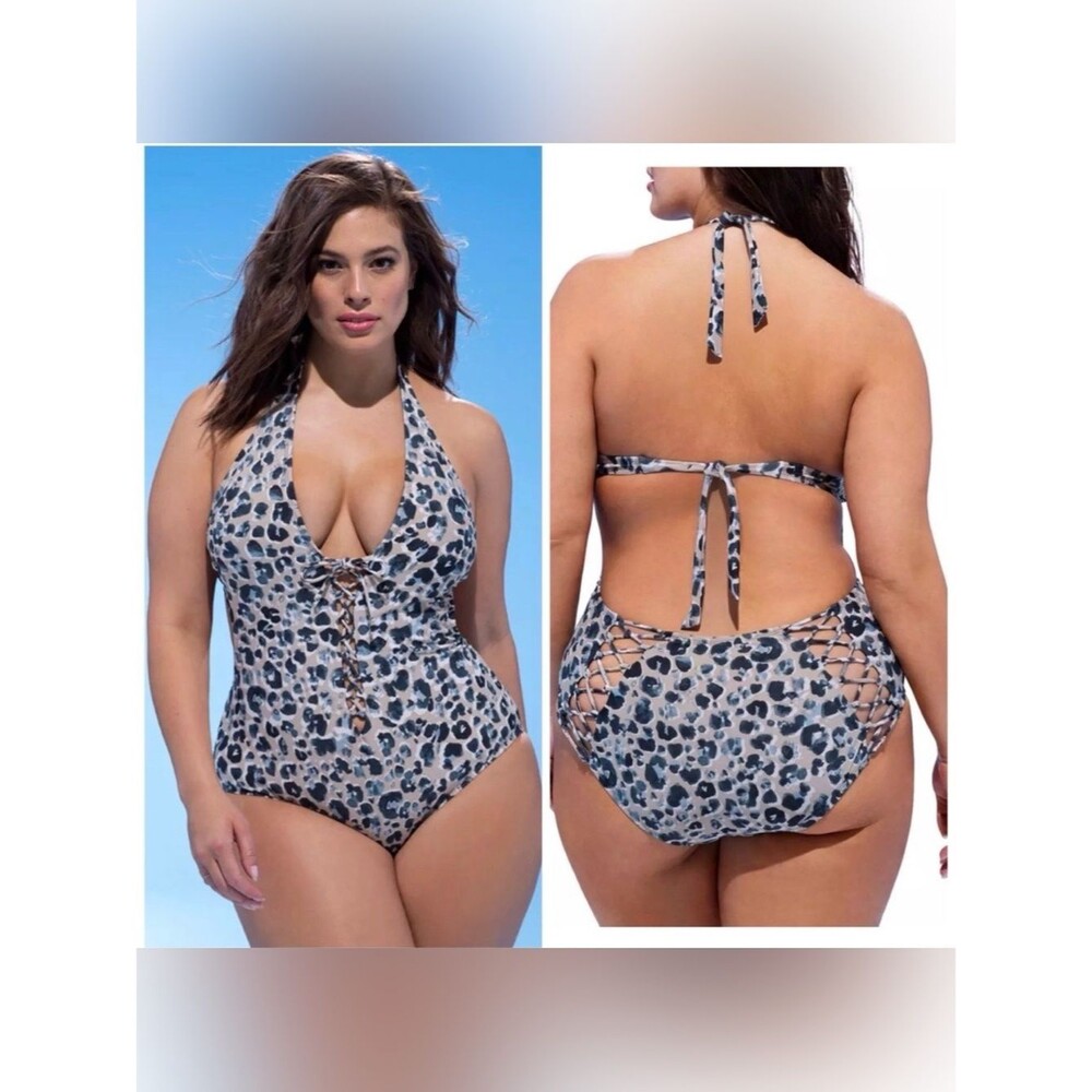 Ashley Graham Leopard Print Lace-Up Halter One-Piece Swimsuit Gray/Black Size 6
